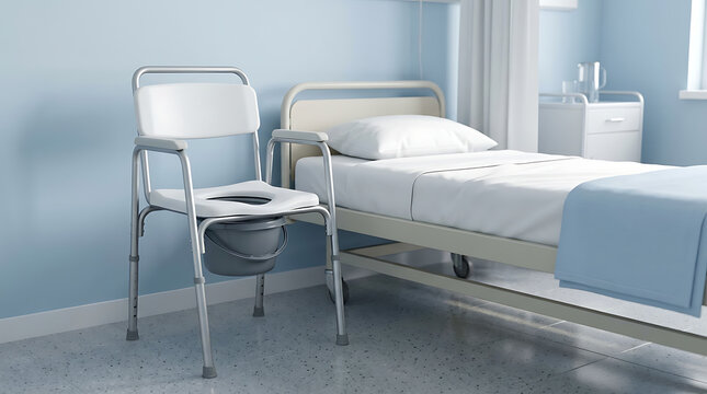 Sterile hospital room with adjustable medical bed and bedside commode for patients