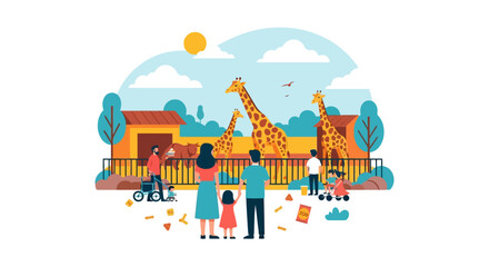 Naklejka premium Family visiting zoo with giraffes.