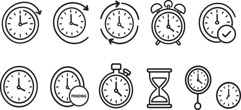 Clock Time Icon Set 2. Clock faces arranged in a grid feature diverse indicators for pending tasks and operational time management settings.