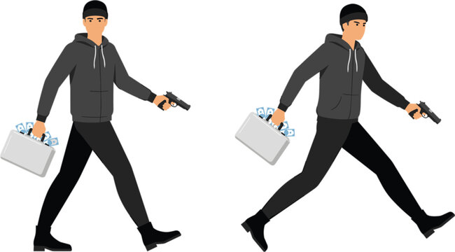 Armed robber carrying cash briefcase and handgun, criminal character vector illustration isolated crime prevention awareness design