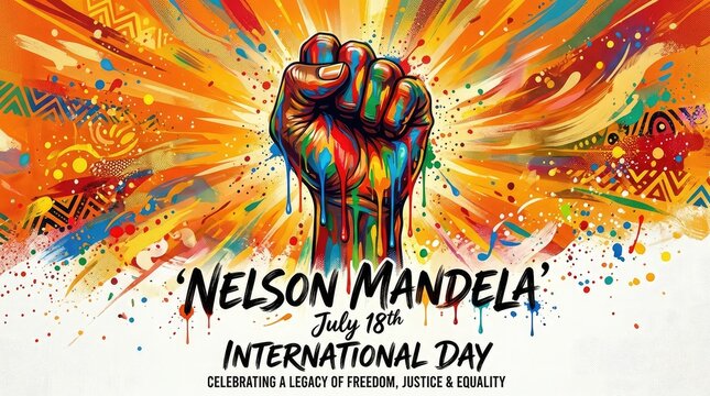 Nelson Mandela International Day poster with raised fist and colorful sunburst background