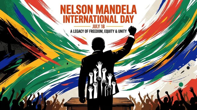 Nelson Mandela International Day tribute with silhouette and colorful brush strokes