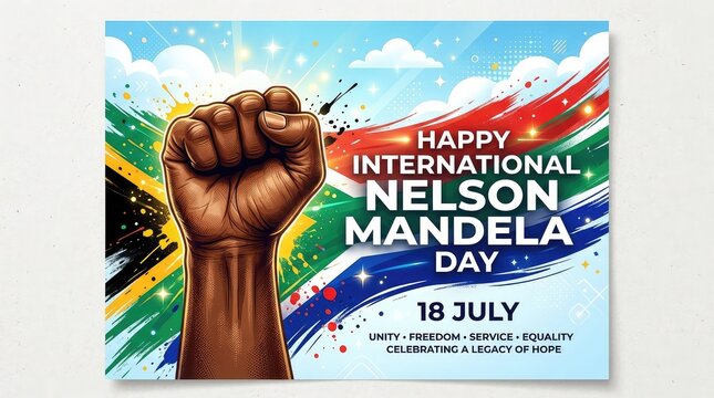 International Nelson Mandela Day banner with raised fist and colorful paint splashes