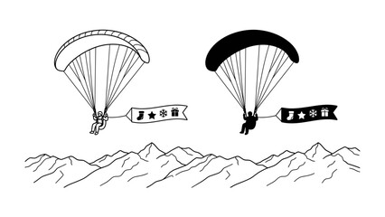 Paragliding Over Mountains with Festive Banners: Two individuals paraglide over a majestic mountain range, each holding a banner adorned with festive holiday icons. © Mahbuba