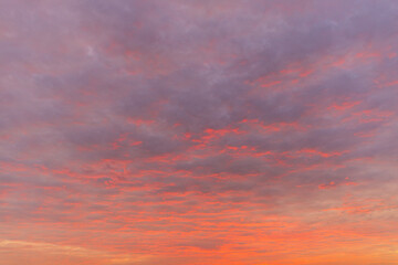 Obraz premium Stunning Sunset Sky with Vibrant Purple and Orange Clouds,A breathtaking view of a dramatic sunset sky filled with vibrant purple and fiery orange clouds, creating a peaceful and inspiring atmosphere.