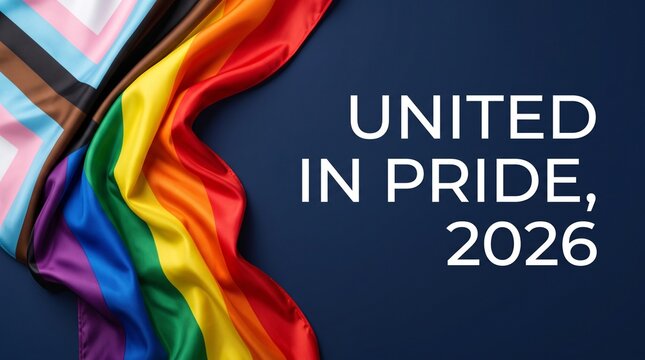 Assorted pride flags draped against a dark blue background