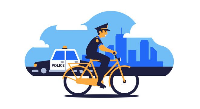 Police Officer Riding Yellow Bicycle.