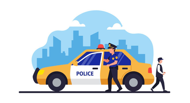 Police officer standing by police car.