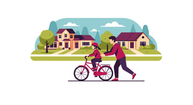 Woman helping a child on bicycle.