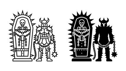 Warrior and Coffin Icon: A menacing warrior stands guard beside a spiked coffin containing a skeleton, depicted in both line art and silhouette. © Hussain