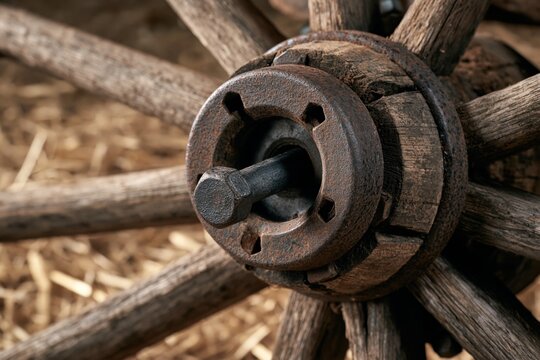Close-up of Rusty Cotter Pin and Wooden Wagon Wheel Hub on Straw Floor