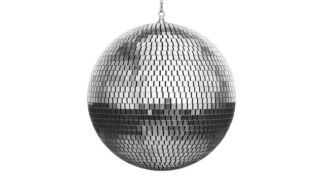Silver disco ball with reflective square mirrors hanging by chain