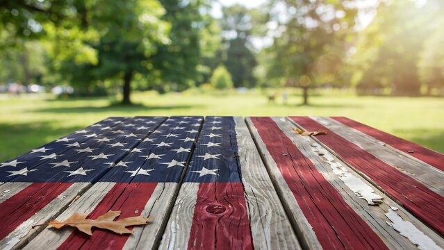 American flag on a weathered wooden picnic table in a park