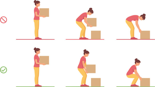 Proper lifting posture guide, safe box handling technique vector illustration isolated workplace ergonomics training infographic design sequence