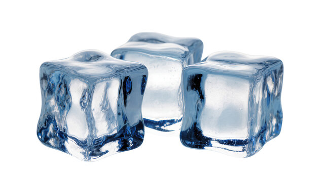 Three clear blue ice cubes with irregular shapes and frosty texture