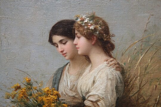 Vintage sisters embracing flowers