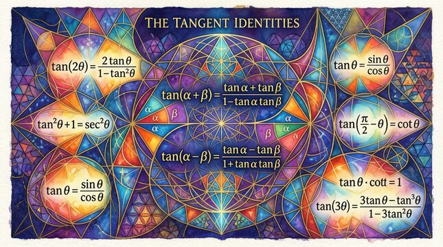 Vibrant watercolor style illustration showcasing fundamental tangent trigonometric identities.