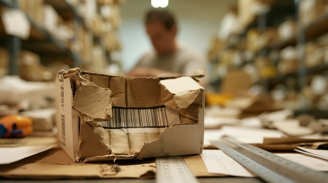 Damaged shipping carton with barcode and ruler in warehouse backroom