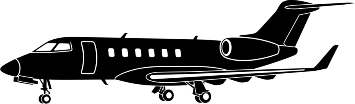 Private jet icon in a black silhouette style. Editable vector illustration of a corporate airplane isolated on a white background.
