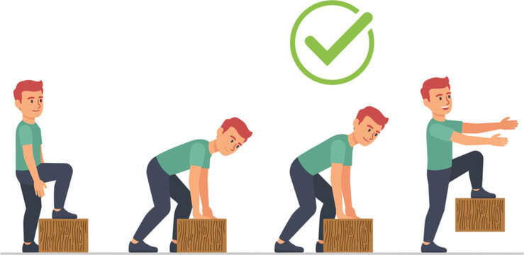 Proper lifting technique illustration, safe box handling posture vector guide isolated workplace ergonomics training design infographic sequence