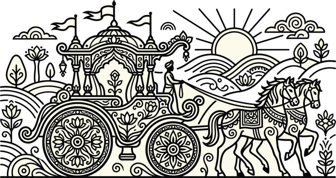 Happy Rath Yatra Chariot Vector Illustration - Lord Jagannath Festival Silhouette Line Art