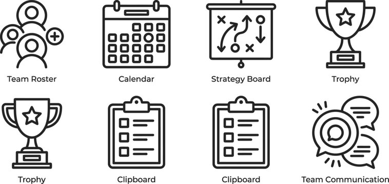 Team Roster Calendar Strategy Board Trophy And Clipboard Line Icons On White