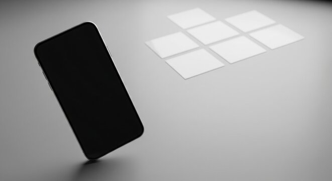 Black smartphone device floating above surface with abstract geometric light reflections