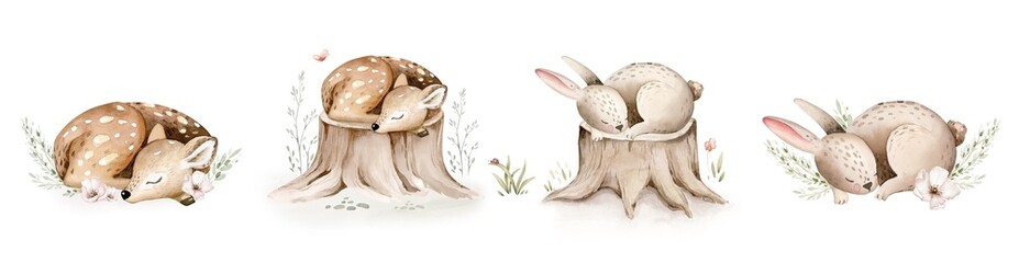 Fototapeta premium Watercolor cute sleeping baby fawn and bunny animal. Woodland nursery deer and rabbit isolated illustration for children. watercolour forest drawing, floral image. Perfect for kids posters, patterns