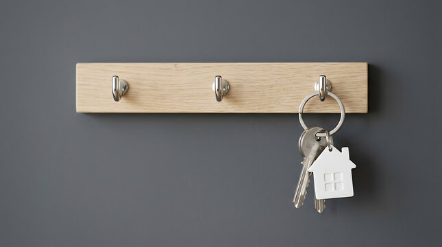 House keys with a keychain hanging on a wooden key rack against gray wall
