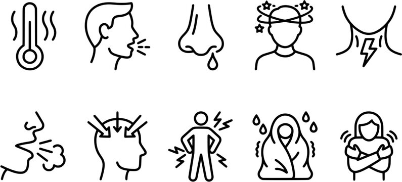 Illness and flu symptom icon set in a line art style including fever, cough, runny nose, dizziness, sore throat, headache, body ache, chills and shivering.