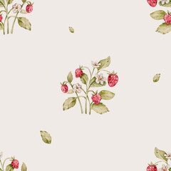 Fototapeta premium Whimsical Woodland Pattern with charming and delicate seamless pattern featuring soft color mushrooms, sprigs of foliage, and tiny berries, creating a whimsical woodland scene