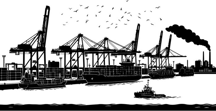 Industrial sea port silhouette icon set. Cargo terminal scene including container ships, gantry cranes, tugboat and factory chimneys in black flat style.