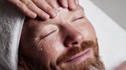 Naklejka premium Relaxed man enjoying facial treatment with skincare cream on forehead