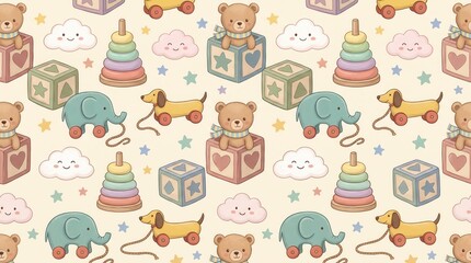 Obraz premium Kids' pattern: bears, toys, blocks, smiling clouds