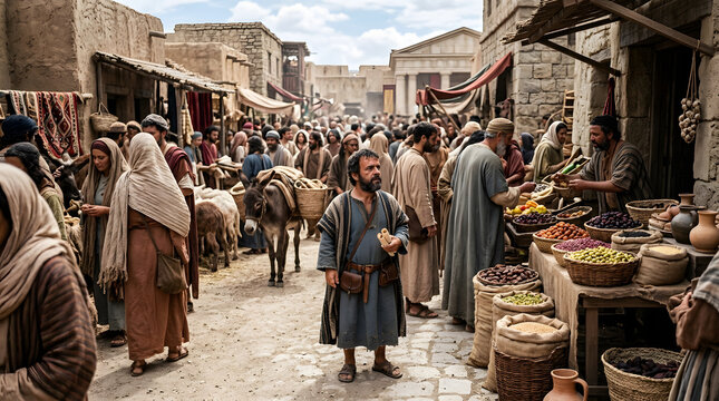 Bustling ancient marketplace with people in traditional biblical clothing and a man holding a scroll