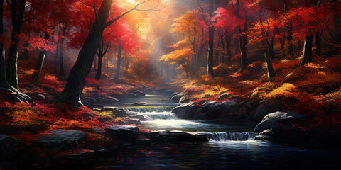 Fototapeta premium Brook flowing through autumn forest. Beautiful nature scenery in fall colors. Landscape painting.