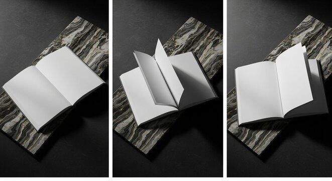Open blank book with blank pages on a marbled patterned board on a dark background