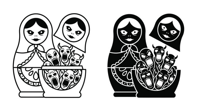 Matryoshka Dolls with Hidden Demons: A striking illustration presents nesting dolls revealing a hidden collection of monstrous figures.