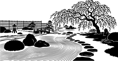 Naklejka premium Japanese garden landscape vector illustration in a black silhouette style including cherry blossom tree, stone bridge, zen raked sand and stepping stones.