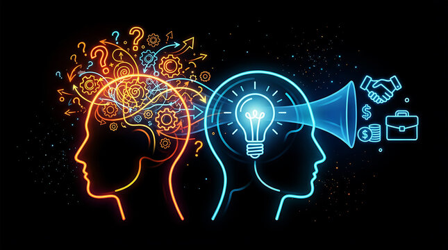Neon lightbulb and brain silhouette with question marks