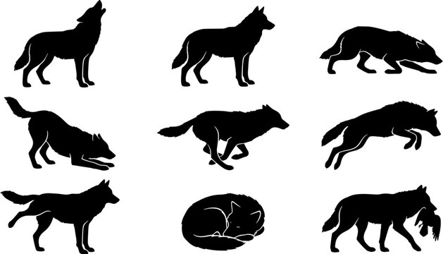 Wolf silhouette icon set in a flat black style including howling, running, jumping, stalking and sleeping wolves.