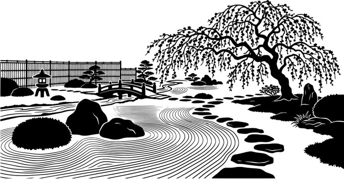 Japanese garden landscape vector illustration in a black silhouette style including cherry blossom tree, stone bridge, zen raked sand and stepping stones.