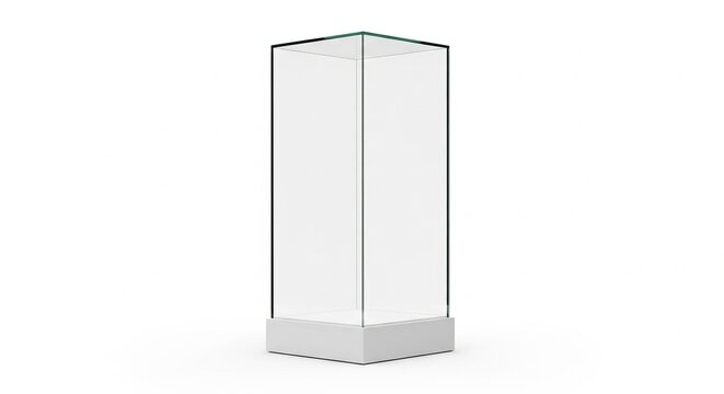 Tall rectangular clear glass display case or cabinet with a white base on a clean white background