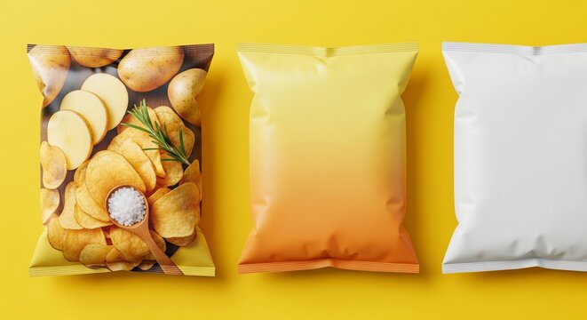 Three chip bags on yellow background one showing potato chips and salt one gradient one white