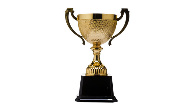 Golden trophy cup with textured bowl and black base