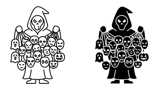 Spooky Collection: A mysterious cloaked figure, with a skull for a face, holds a gathering of various Halloween-themed icons, including ghosts, skulls, pumpkins, and monstrous faces.