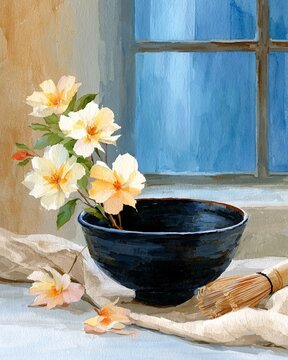 Vertical Japanese Wabi Sabi watercolor still life with matcha bowl, chasen whisk, and yellow camellia flowers by a window, evoking a serene and mindful tea ceremony concept.