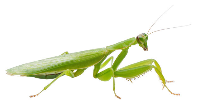 Green praying mantis insect with long antennae and spiky legs