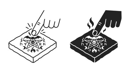 Occult Ritual Symbol: A hand presses a finger onto a mystical symbol featuring a pentagram, bat, and skull, evoking themes of dark magic and ancient rituals. © Mahbuba