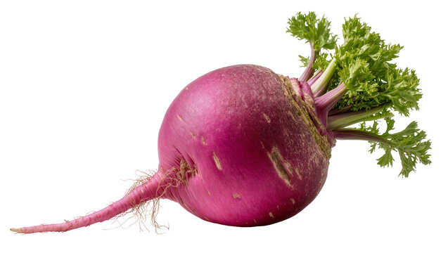 Round purple radish with green leafy tops and long taproot
